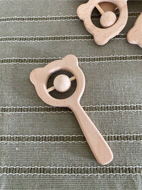 BRAND NEW - Wooden Bear Rattle Teether - Natural Wood